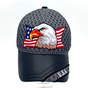 Patriotic USA Mesh Baseball Cap With Bald Eagle & American Flag And Leather Bill
